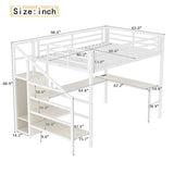 SOFTSEA Queen Size Metal Loft Bed with L-Shaped Desk and Wardrobe, Metal Bed Frame with USB and Adjustable Shelf, High Loft Bed with LED for Bedroom, No Box Spring Needed, White Wood Grain