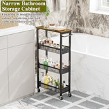 Utility Slim Storage Cart, 4 Tier Small Rolling Kitchen Laundry Room Cart with Wood Top, Metal Narrow Bathroom Storage Cabinet Mobile Shelf Unit Organizer Trolley with Handle for Narrow Space
