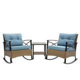 Outdoor Wicker Rocking Chairs Patio – 3 Pieces Patio Furniture Rattan Rocker Chairs Wicker Rocking Bistro Set with Cushions and Side Table for Garden Patio Yard Porch Lawn Balcony (Blue)