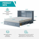 BALUS Murphy Bed Cabinet,Queen Murphy Bed with Tri-fold Mattress & USB Charging Station,Modern Wall Chest Beds with Folding Night Stand Trays and Storage Drawers for Bedroom Living Room,Grey-Blue