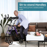 ELENKER Upright Walker, Stand Up Rollator Walker with Padded Seat and Backrest, Compact Folding, Fully Adjustment Frame for Seniors, Purple
