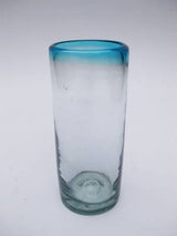 Mexican Blown Glass Highball Glasses Aqua Blue Rim (Set of 6)